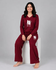 Women V-Neck Lounge Wear | BTS Flower - Maroon