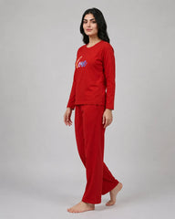 Women Round-Neck Lounge Wear | Multi Love - Red