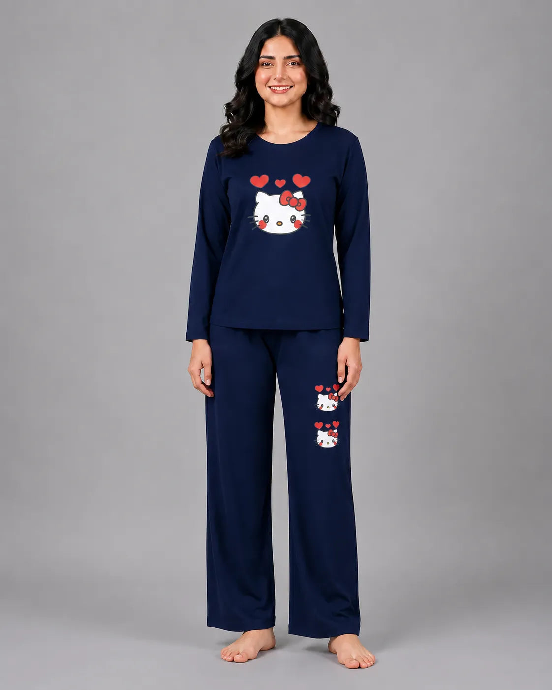 Women Round-Neck Lounge Wear | Hello Kitty - Navy Blue