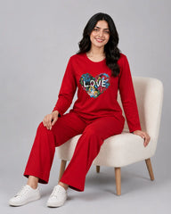 Women Round-Neck Lounge Wear | Love Color - Red