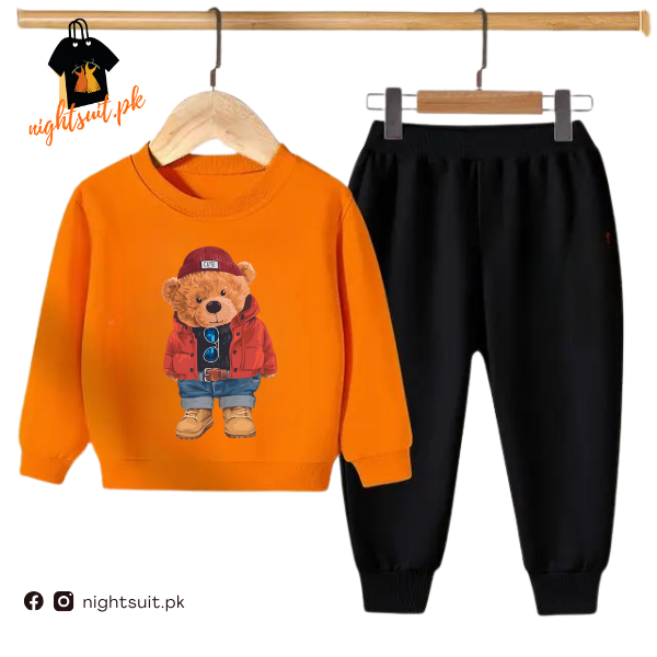 Orange Cute Bear Kids Sweatshirt & Pant