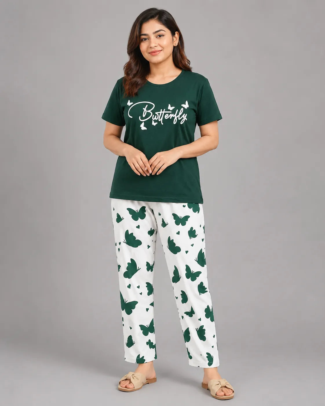 Green Butterfly Print Pajama Set