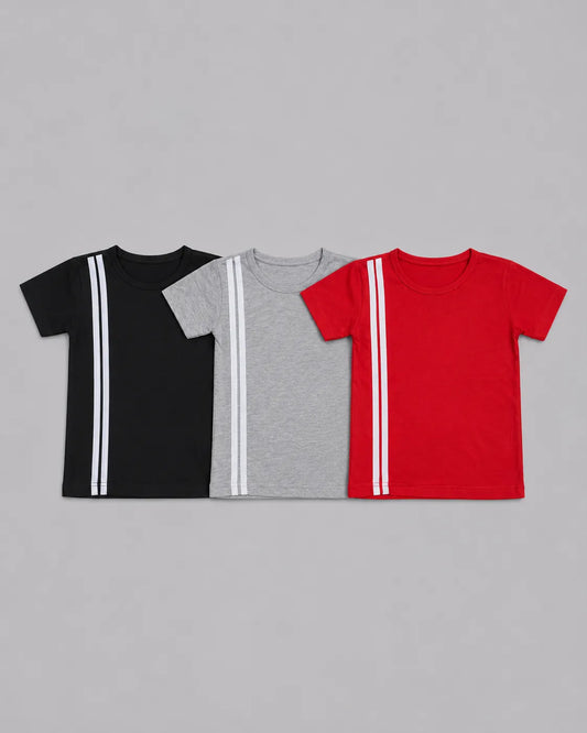 Pack Of 3 Kids Tees | Elite Stripe - Black, Grey & Red
