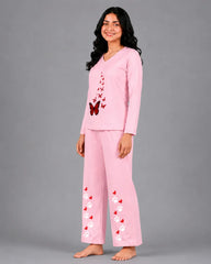 Women V-Neck Lounge Wear | Red Butterfly - Baby Pink