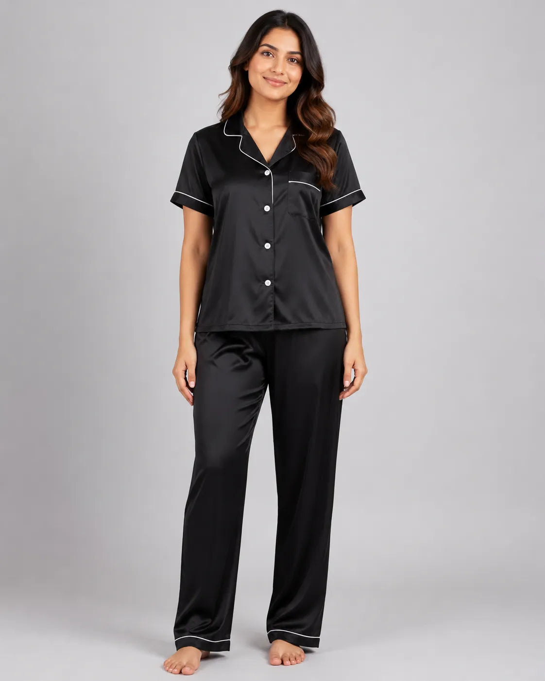 Women Silk 2 Piece Pajama Set - Black