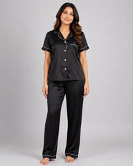 Women Silk 2 Piece Pajama Set - Black