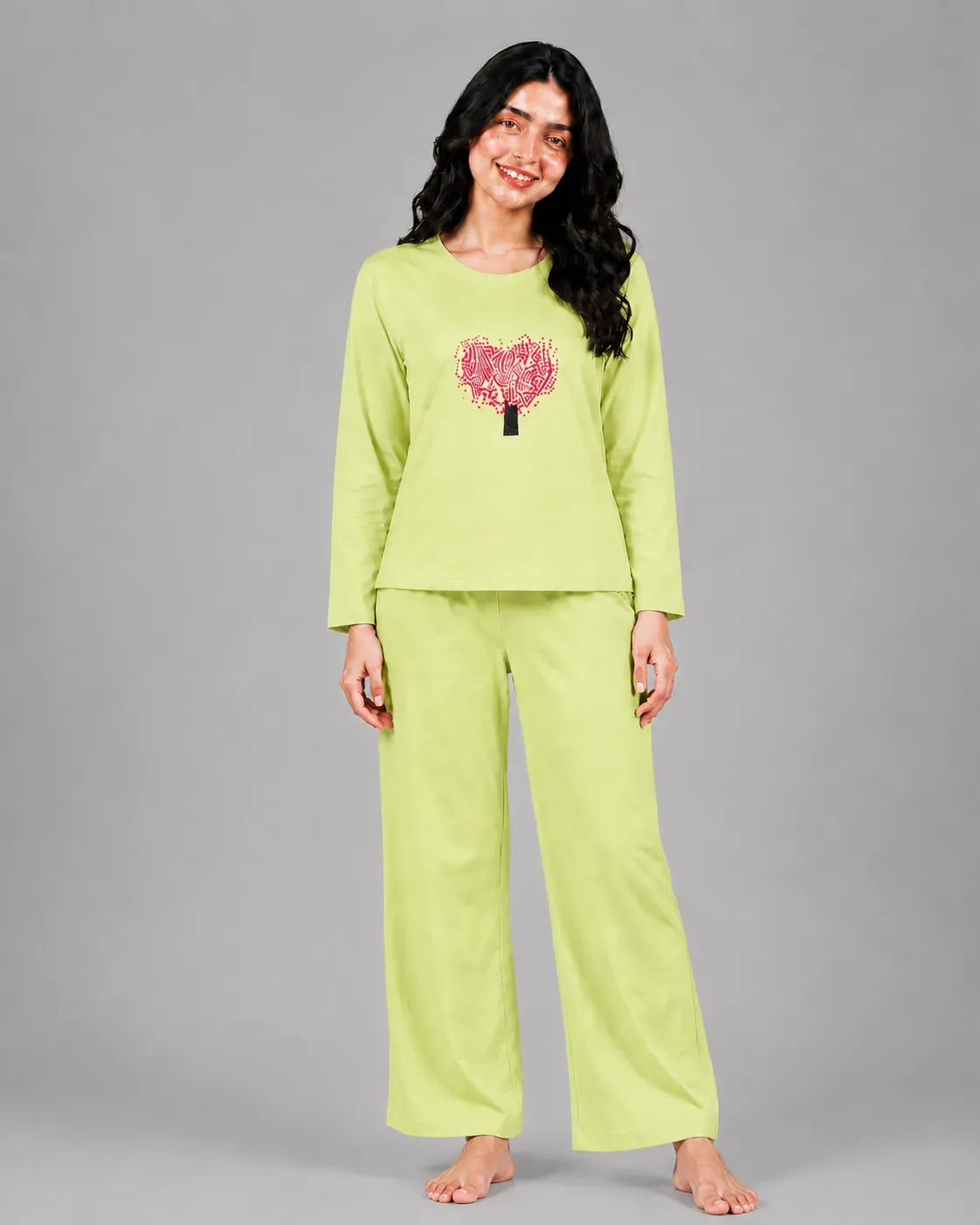 Women Round-Neck Lounge Wear | Tree Heart - Lemon Yellow