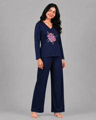 Women V-Neck Lounge Wear | Flower - Navy Blue