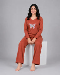 Women V-Neck Lounge Wear | Colored Butterfly - Rusty