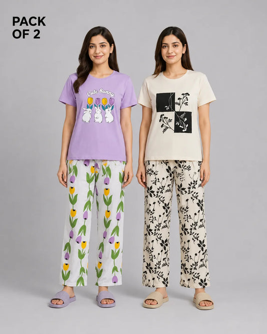 Pack Of 2 Women Pajama Set | Tulip Bunny, Earthy Bloom