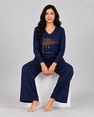 Women V-Neck Lounge Wear | Spring Tree - Navy Blue