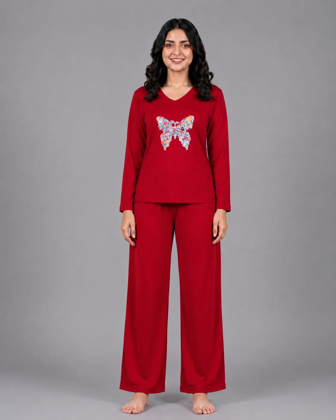 Women V-Neck Lounge Wear | Colored Butterfly - Red