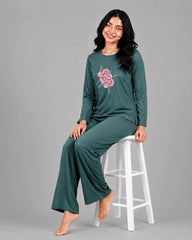 Women Round-Neck Lounge Wear | Flower - Sherwood Green