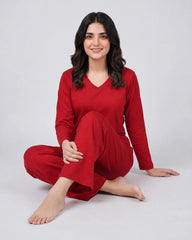Women V Neck Lounge Wear - Red
