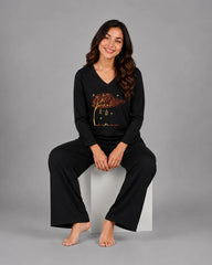 Women V-Neck Lounge Wear | Spring Tree - Black