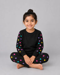 Colourful Heart Printed Sweatshirt Set | black