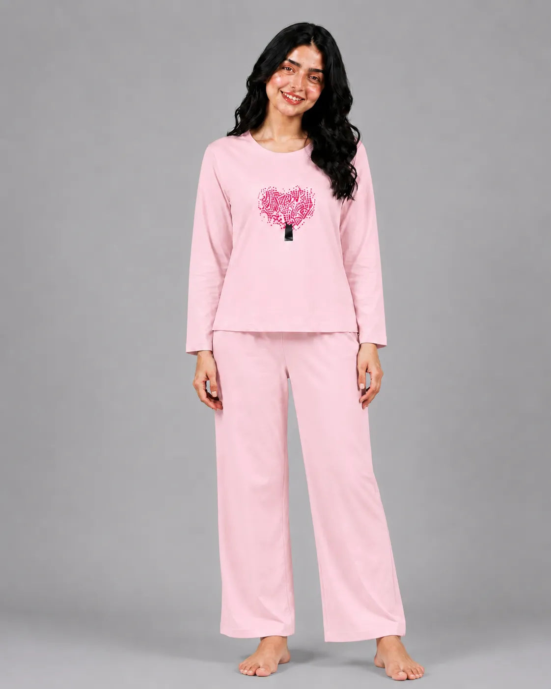 Women Round-Neck Lounge Wear | Tree Heart - Baby Pink