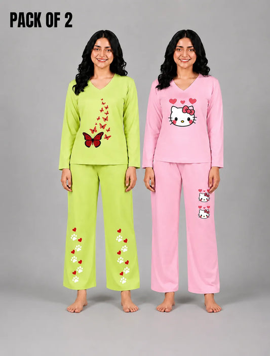 Pack Of 2 Women V Neck Lounge Wear | Lemon - Red Butterfly & Pink - Kitty