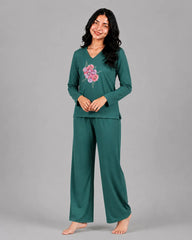 Women V-Neck Lounge Wear | Flower - Sherwood Green