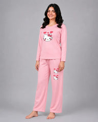 Women Round-Neck Lounge Wear | Hello Kitty - Baby Pink