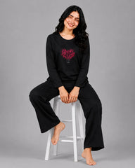 Women Round-Neck Lounge Wear | Tree Heart - Black