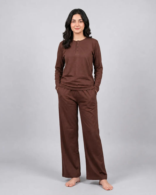 Women Button Style 2 Piece Lounge Wear - Chocolate Brown