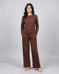 Women Button Style 2 Piece Lounge Wear - Chocolate Brown