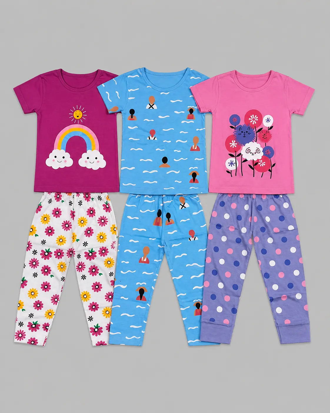 Pack Of 3 Kids Pajama Set | Magenta Rainbow, Ocean Breeze, & Cute Cat