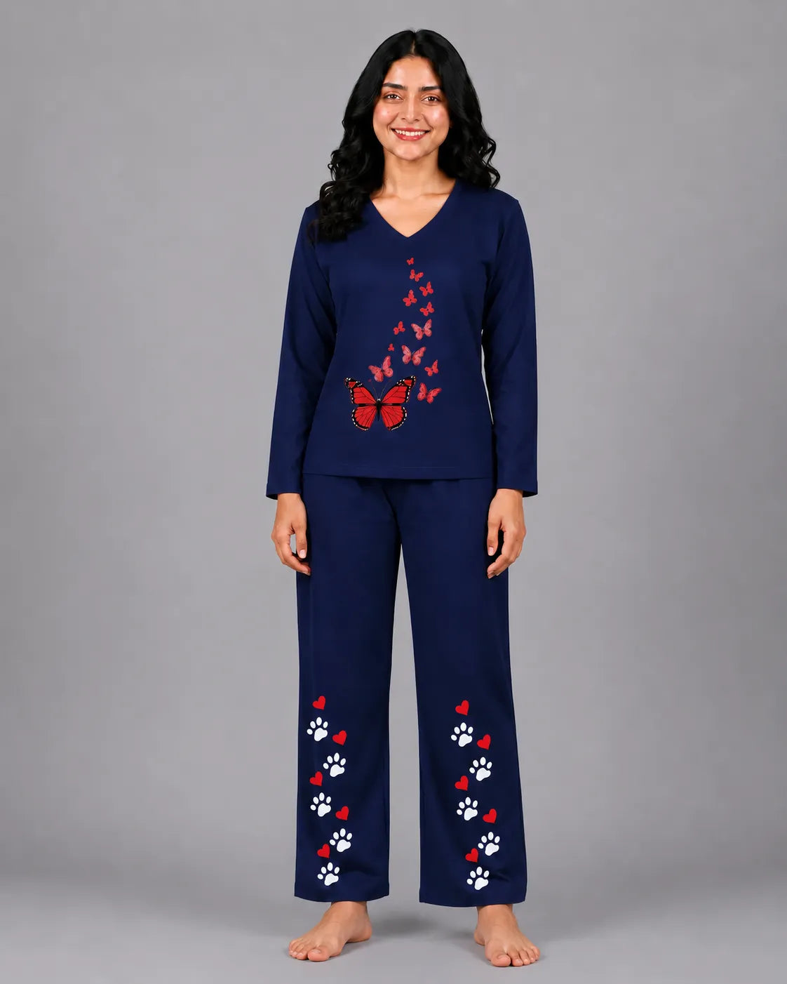 Women V-Neck Lounge Wear | Red Butterfly - Navy Blue