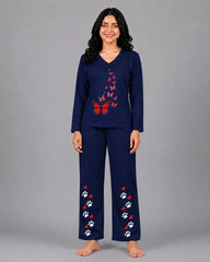 Women V-Neck Lounge Wear | Red Butterfly - Navy Blue