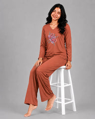 Women V-Neck Lounge Wear | Flower - Rusty