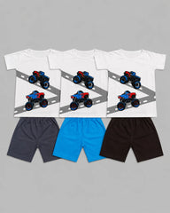 Pack Of 3 Kids Turbo Truck Short Set | Grey, Sky Blue & Brown