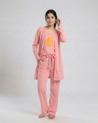 Women 3 Pieces Night Suit - Sun Roses | Baby Pink