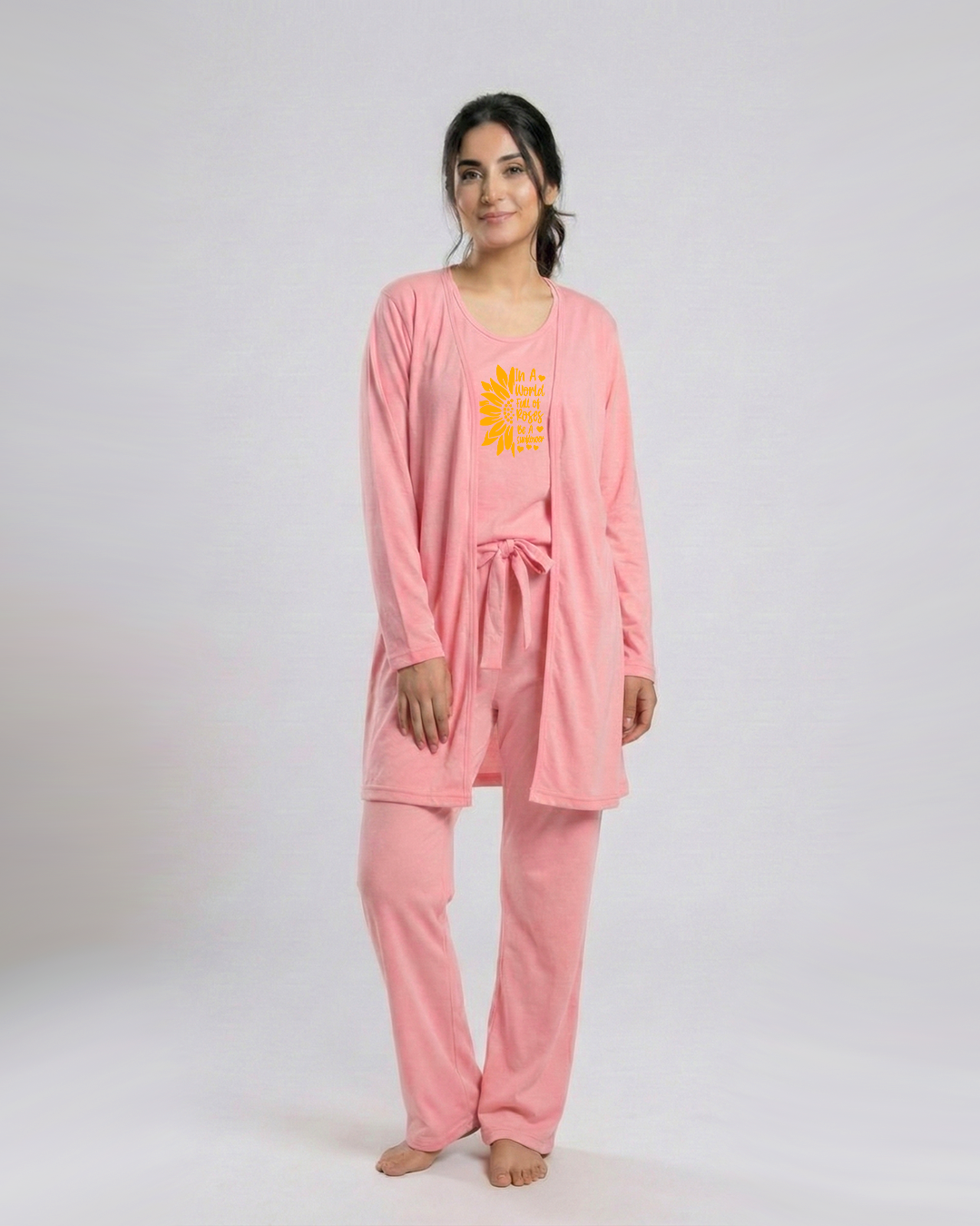 Women 3 Pieces Night Suit - Sun Roses | Baby Pink