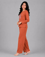 Women Round-Neck Lounge Wear | Flower - Rusty