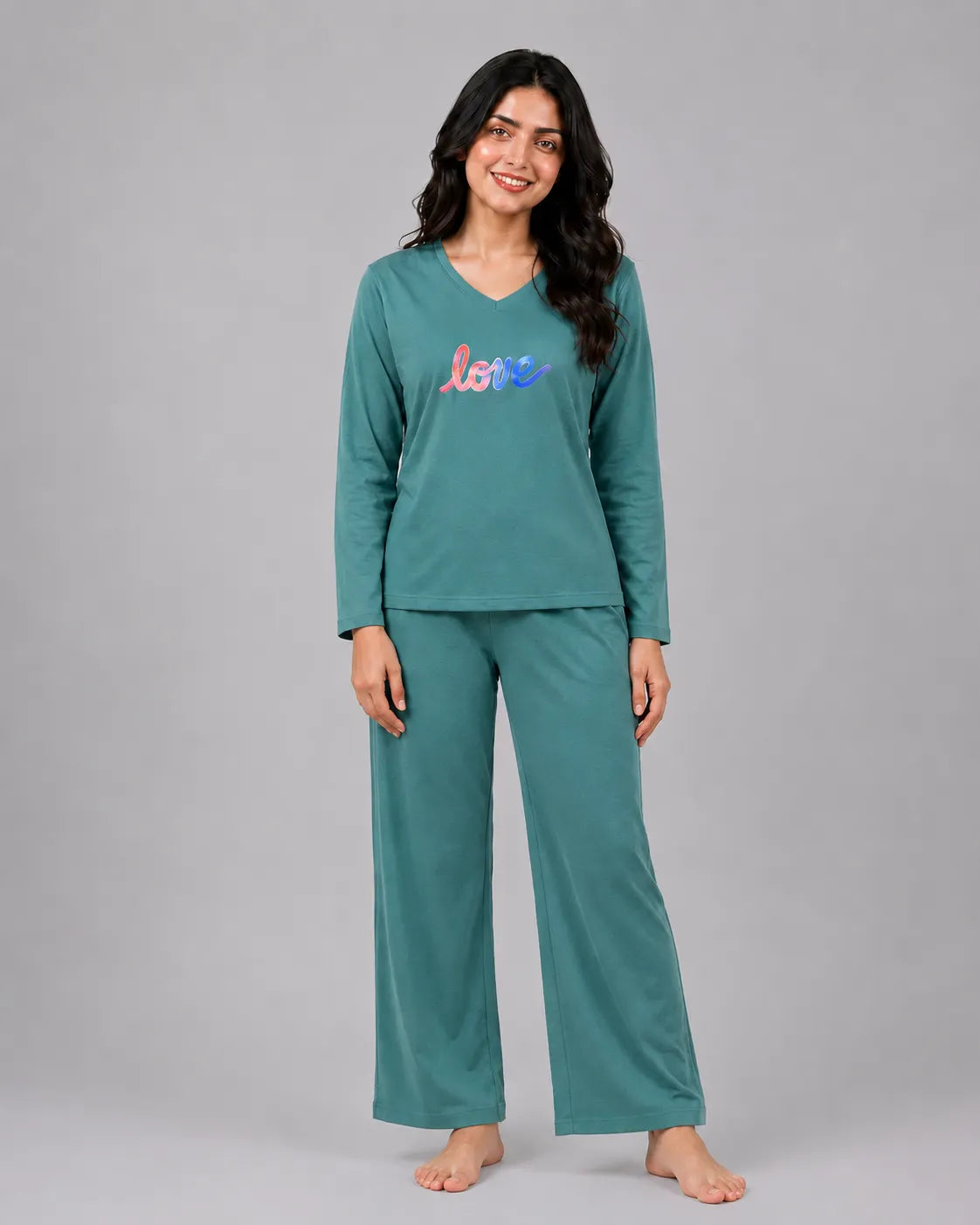 Women V-Neck Lounge Wear | Multi Love - Sherwood Green