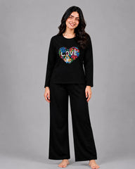 Women Round-Neck Lounge Wear | Love Color - Black
