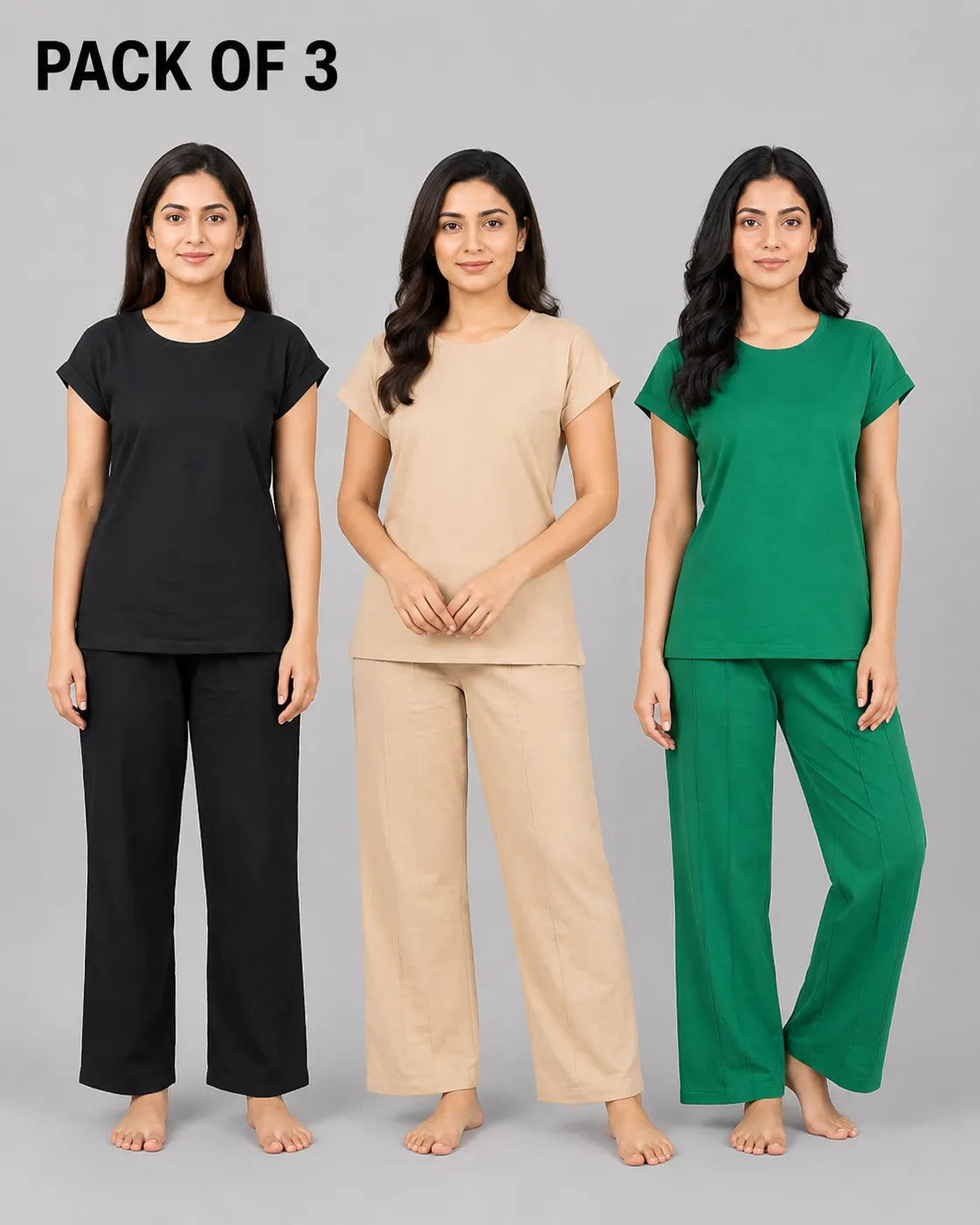 Pack Of 3 Women Cozy Core Lounge Set | Black, Beige & Green