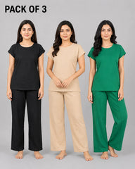 Pack Of 3 Women Cozy Core Lounge Set | Black, Beige & Green