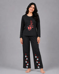 Women Round-Neck Lounge Wear | Red Butterfly - Black