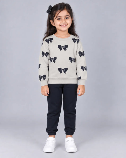Bow Bliss Winter Fleece Set for Girls - Coffee
