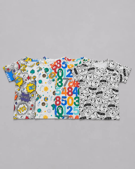 Pack Of 4 Kids Tees | Pop Art, Space, Numbers & Cartoon