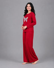 Women Round-Neck Lounge Wear | Colored Butterfly - Red