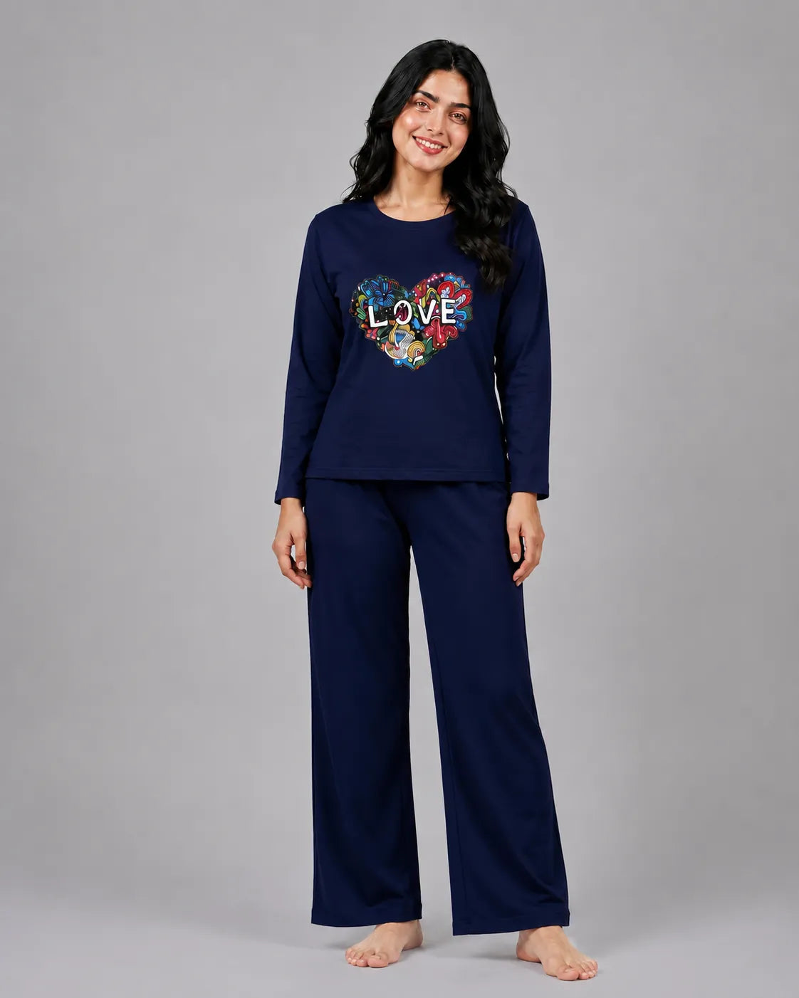 Women Round-Neck Lounge Wear | Love Color - Navy Blue