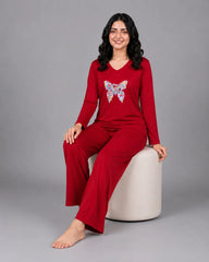 Women V-Neck Lounge Wear | Colored Butterfly - Red