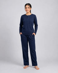 Women Button Style 2 Piece Lounge Wear - Navy Blue