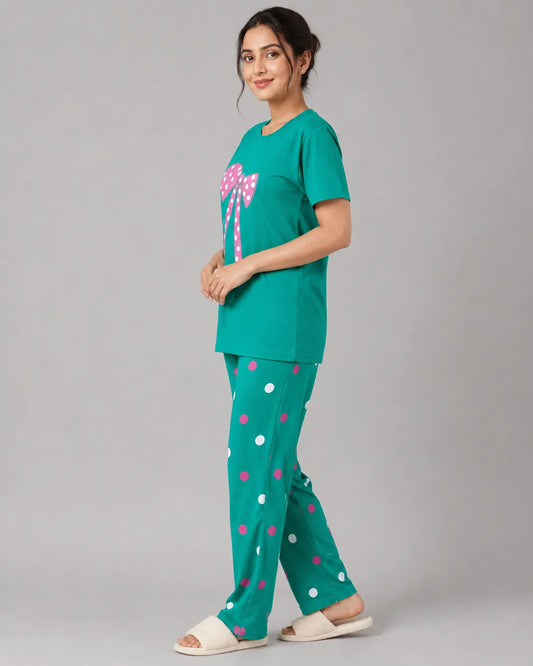 Polka Bow Night Suit - Green