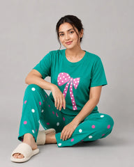 Polka Bow Night Suit - Green
