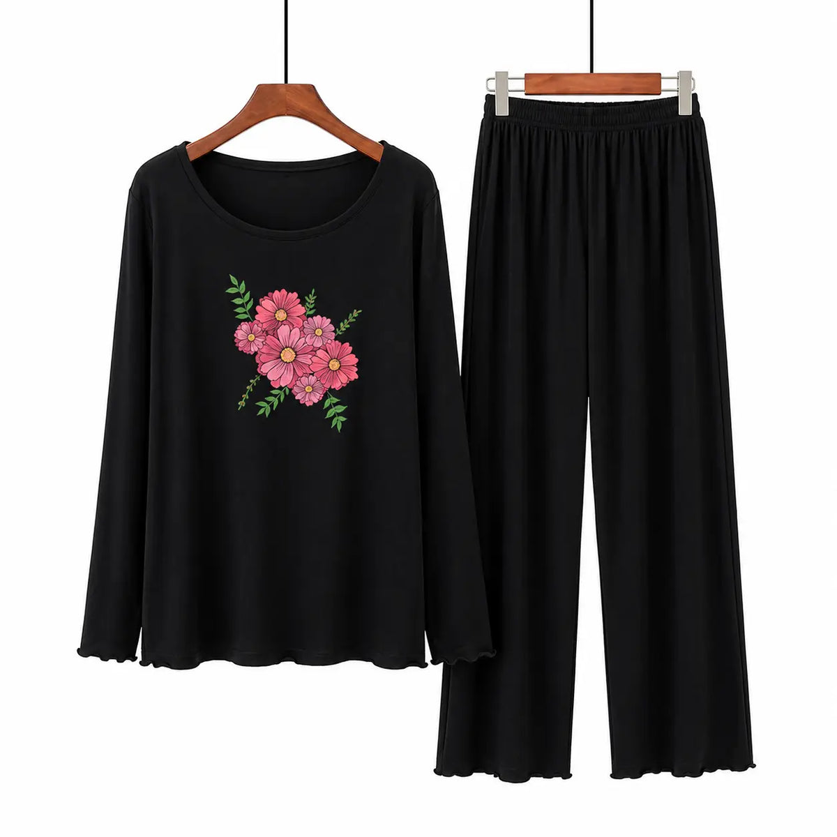Women Round-Neck Lounge Wear | Flower - Black