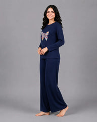 Women Round-Neck Lounge Wear | Colored Butterfly - Navy Blue